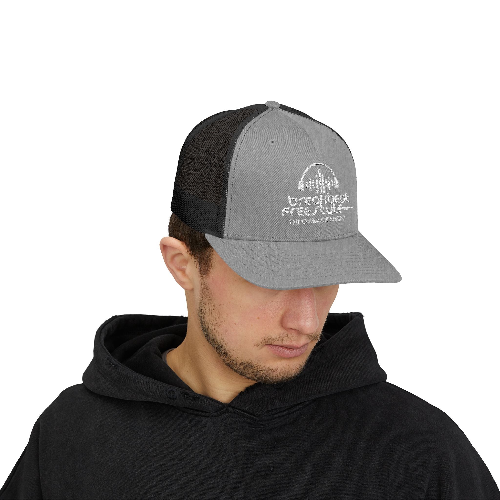 Breakbeat Music Trucker Cap — Retro Headphones Logo Snapback